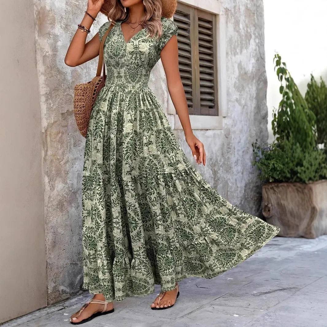 Alessa Floral V Neck Long Sleeve Flared Midi Dress