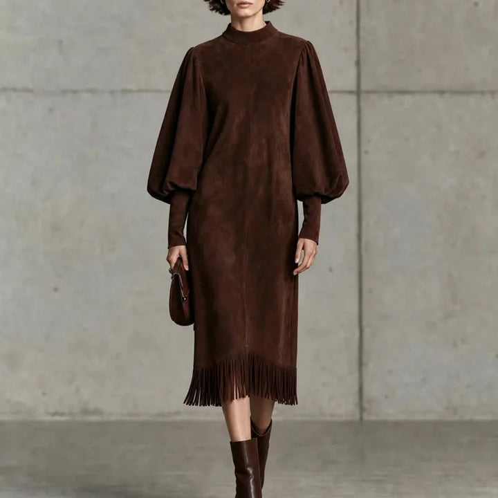 Zinnia Lantern Sleeve Fringe Dress