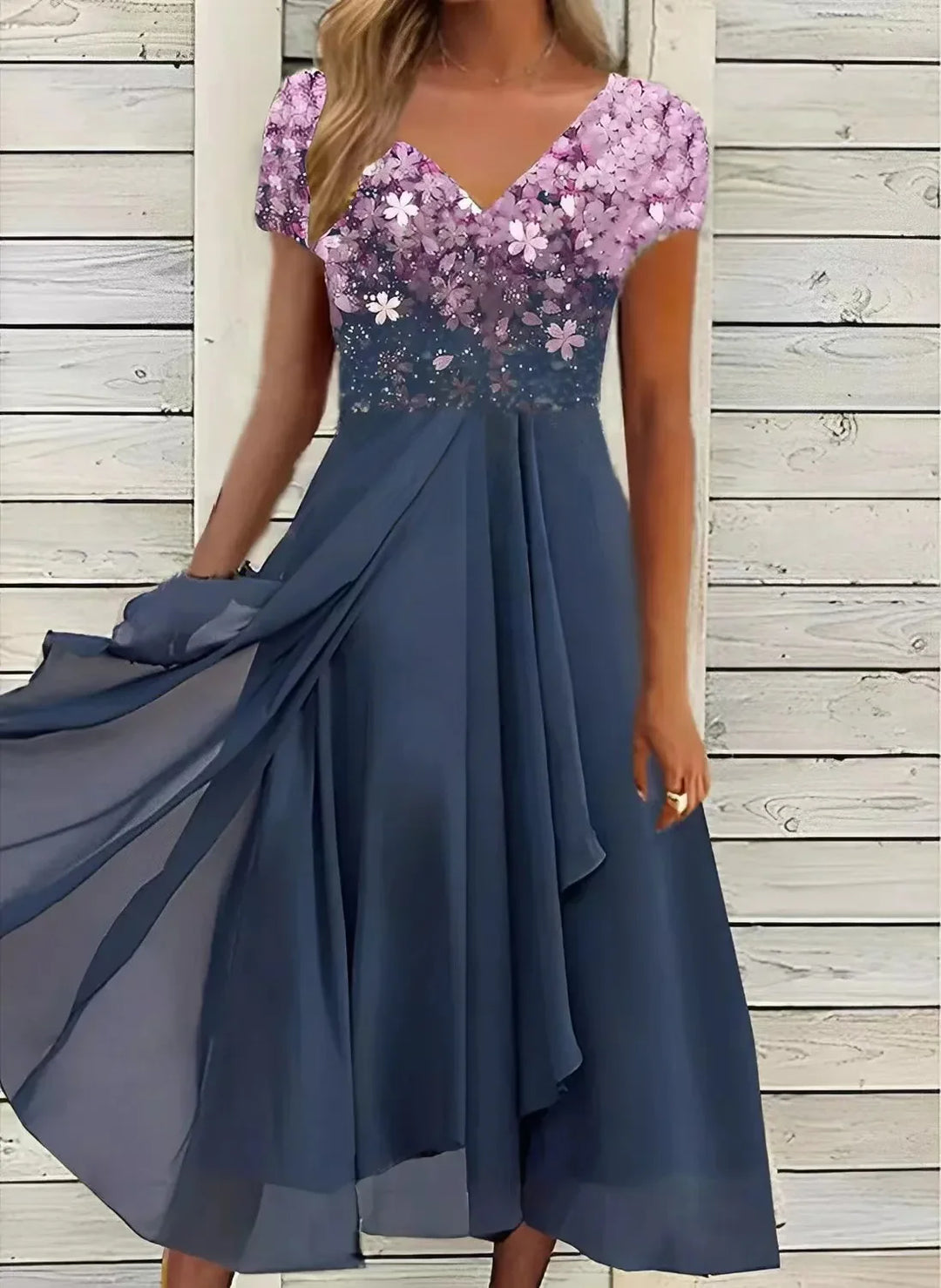 Evania Lace Patchwork Short Sleeve Chiffon Midi Dress