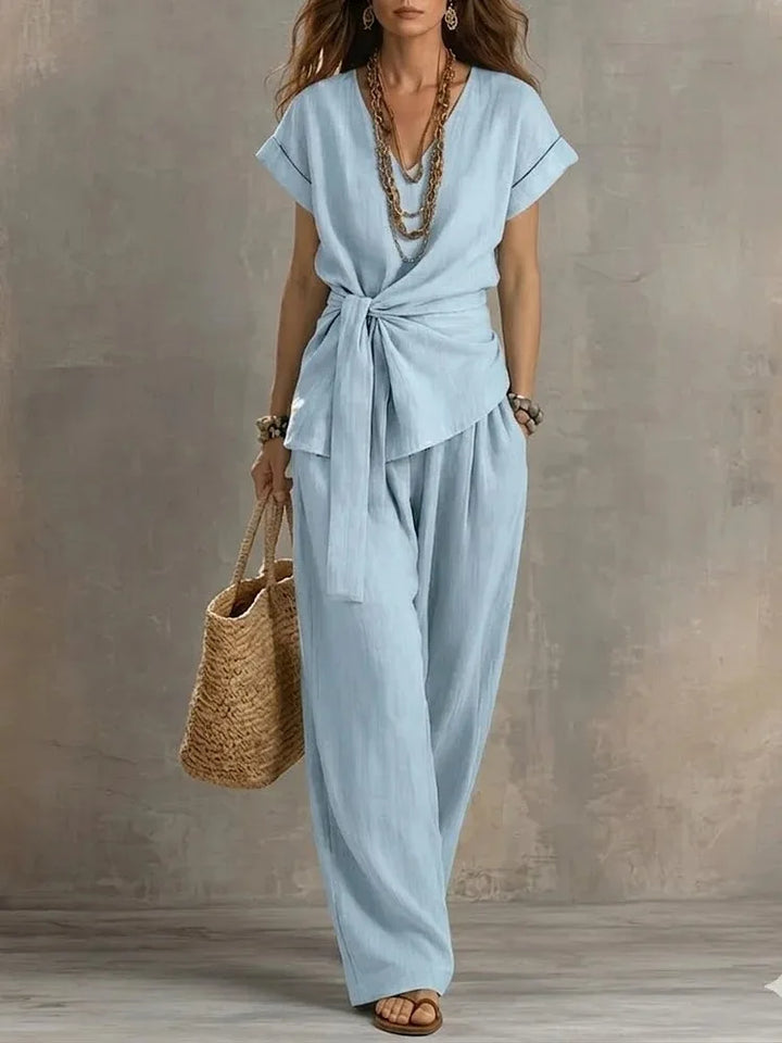 Orlena Relaxed Tie Waist V Neck Lounge Set