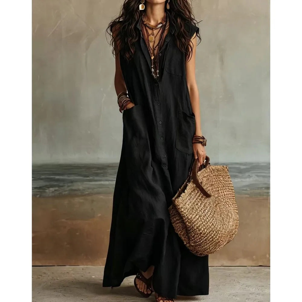 Keira Bohemian V Neck Casual Linen Maxi Dress