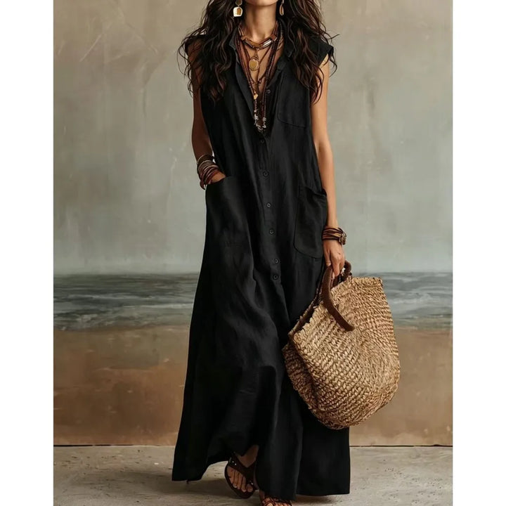 Keira Bohemian V Neck Casual Linen Maxi Dress
