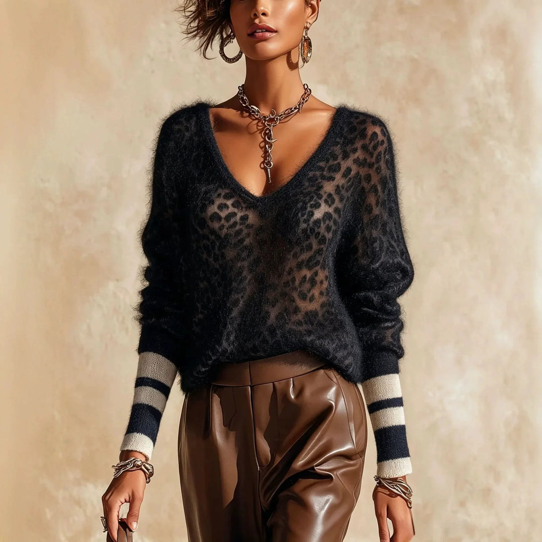 Via Leopard Print V Neck Sweater