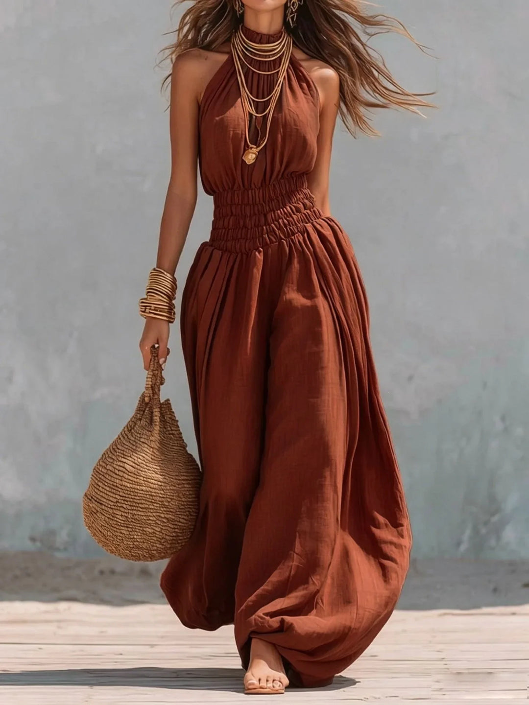 Annora Breezy Sleeveless Halter Harem Jumpsuit