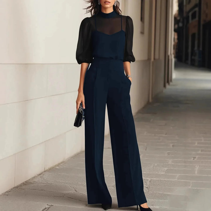 Zinnia Elegant Patchwork Long Sleeve Wide Leg Jumpsuit