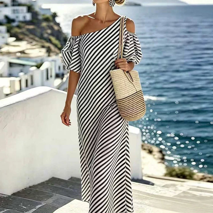 Lazara Bohemian Striped One Shoulder Maxi Dress