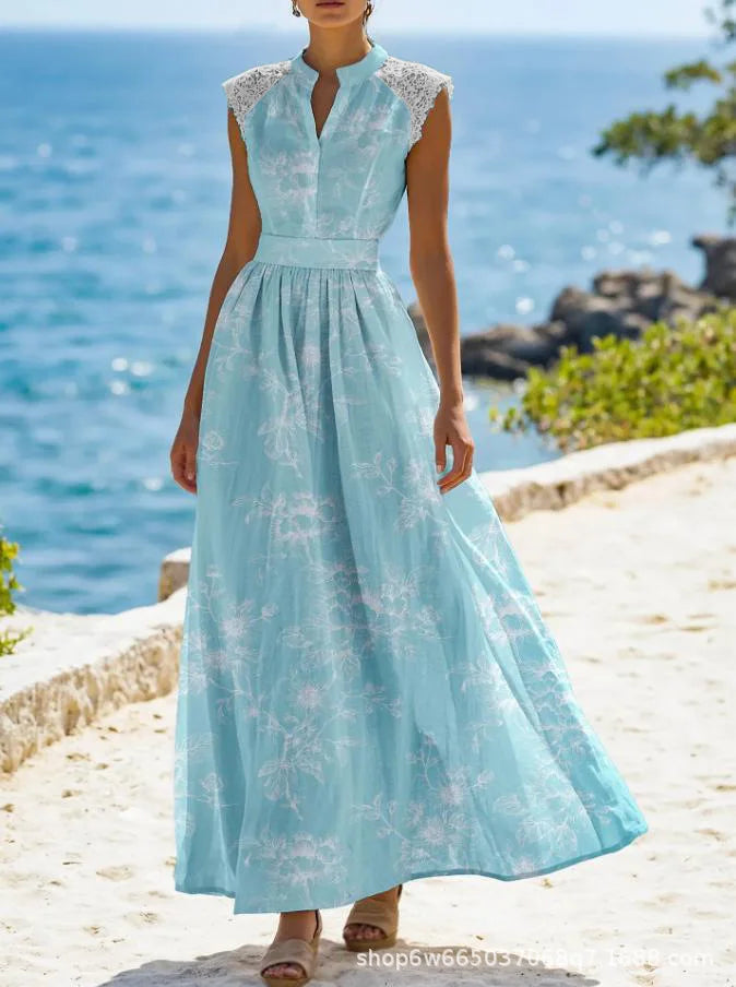 Ondine Elegant Lace Panel Floral Maxi Dress