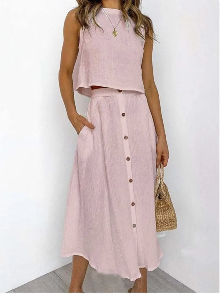 Levarn Sleeveless Top And Button Midi Skirt Set