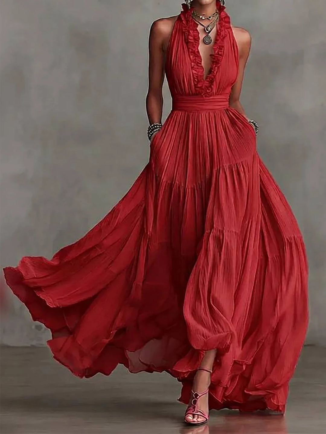 Zinnia Ruffle Trim Evening Maxi Dress