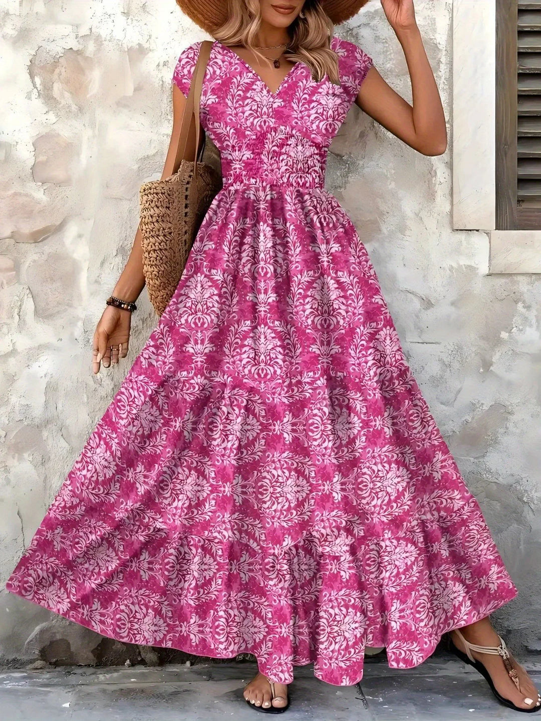 Alessa Floral V Neck Long Sleeve Flared Midi Dress