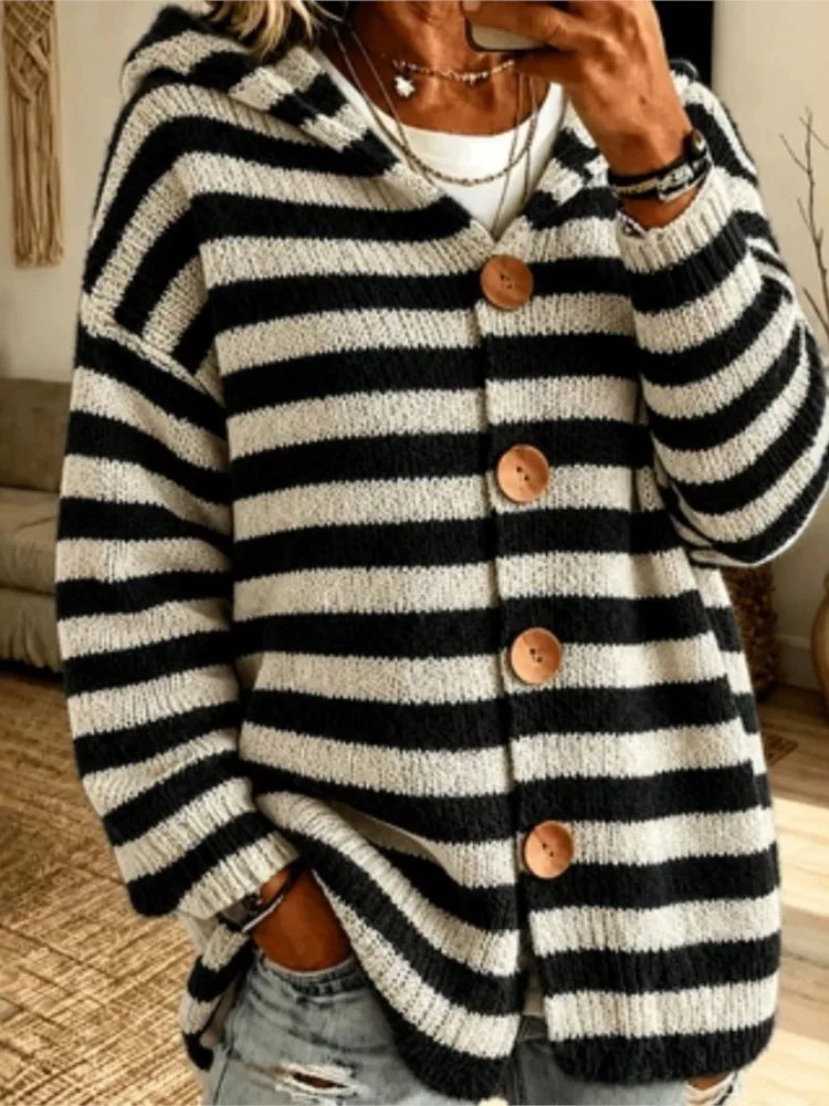 Eliza Hooded Striped Button Cardigan