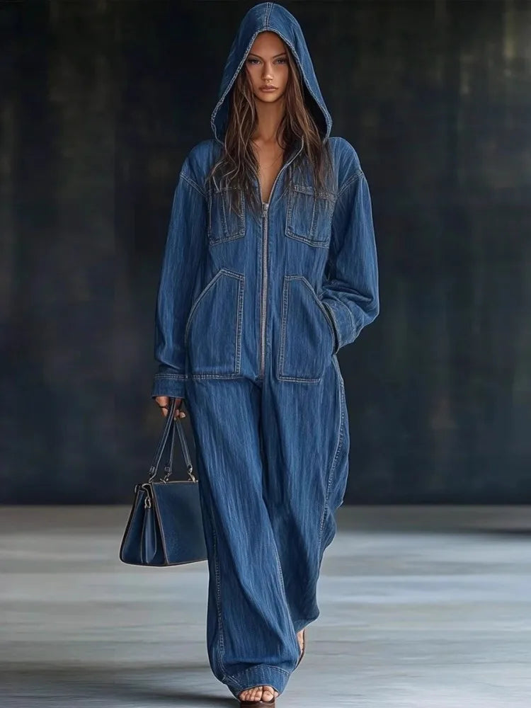 Callan Hooded Denim Jumpsuit