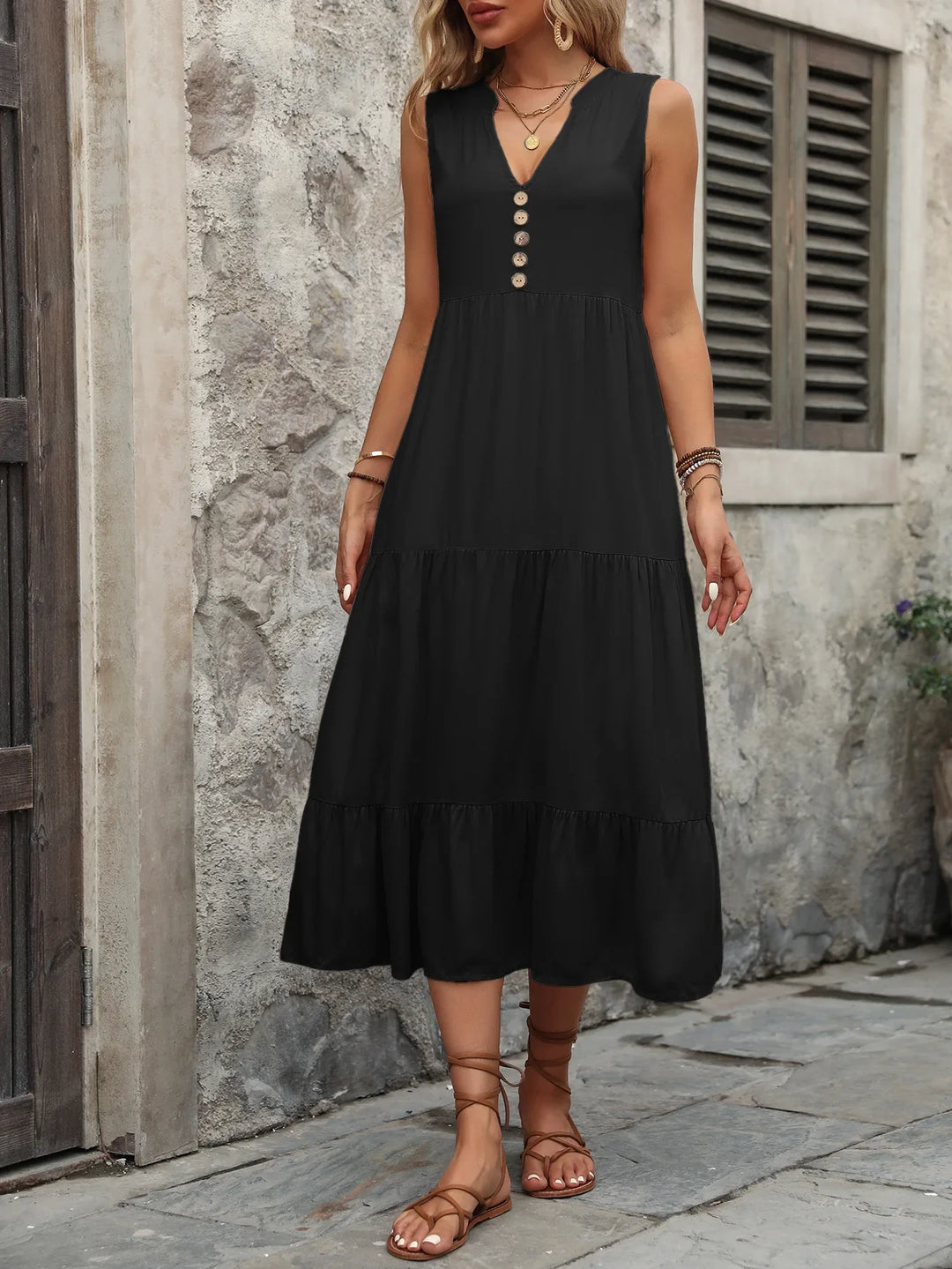 Eliana Tiered Button Midi Dress