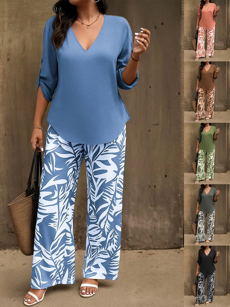 Danica V Neck Long Sleeve Printed Wide Leg Pants Set