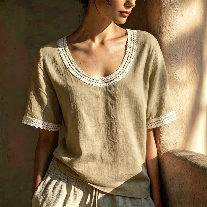 Jaida  Lace Trim Linen Blouse
