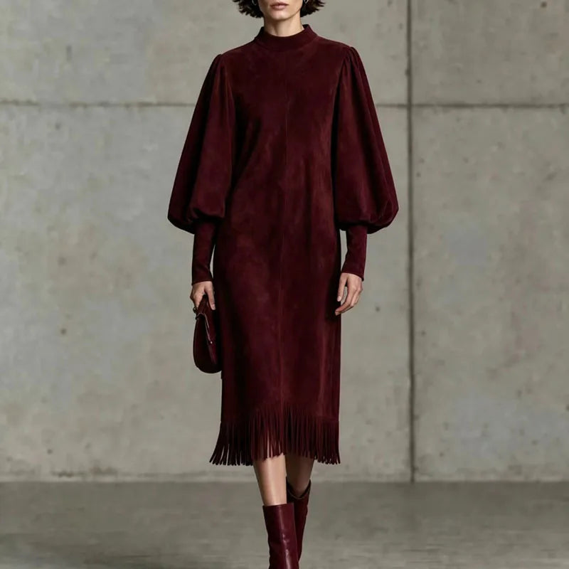 Zinnia Lantern Sleeve Fringe Dress