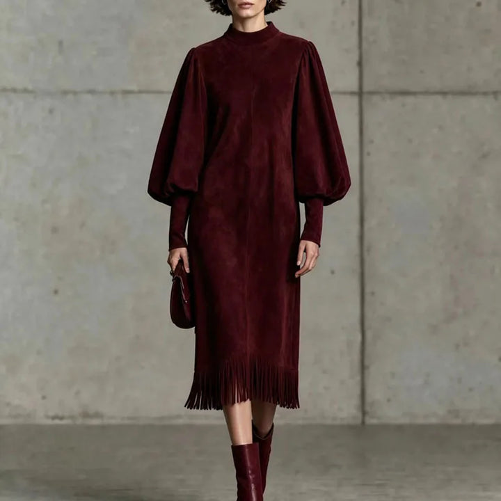 Zinnia Lantern Sleeve Fringe Dress