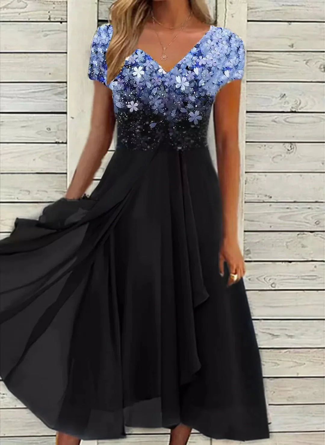 Evania Lace Patchwork Short Sleeve Chiffon Midi Dress