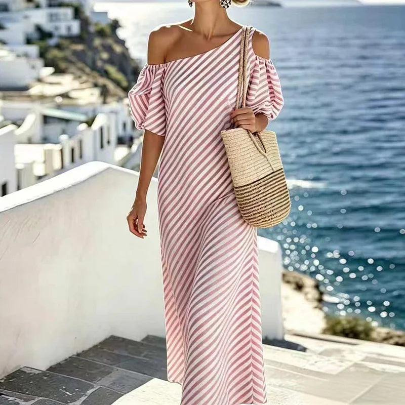 Lazara Bohemian Striped One Shoulder Maxi Dress