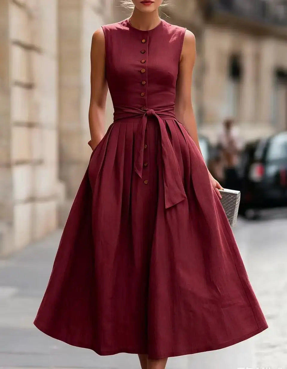Nadira Elegant Tie Waist Linen Midi Dress