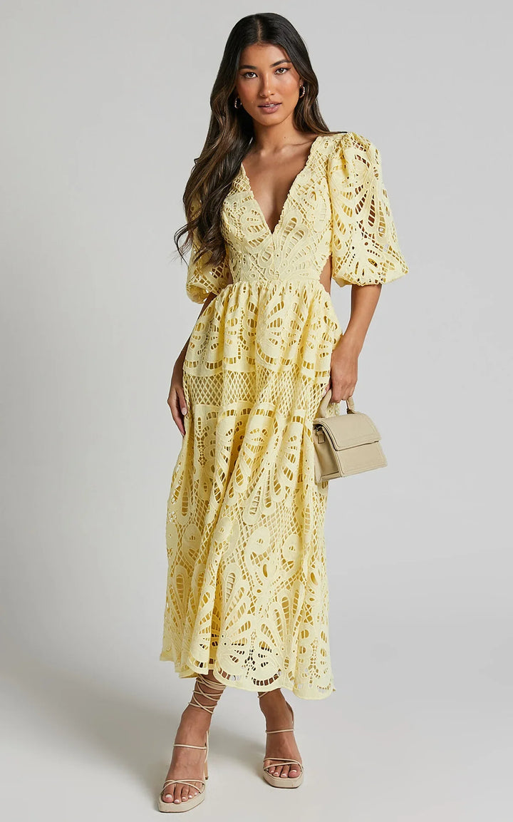 Oriana Puff Sleeve Embroidered Lace Midi Dress