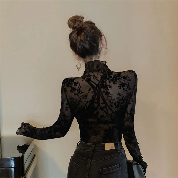 Sophia Flocked Mesh Turtleneck