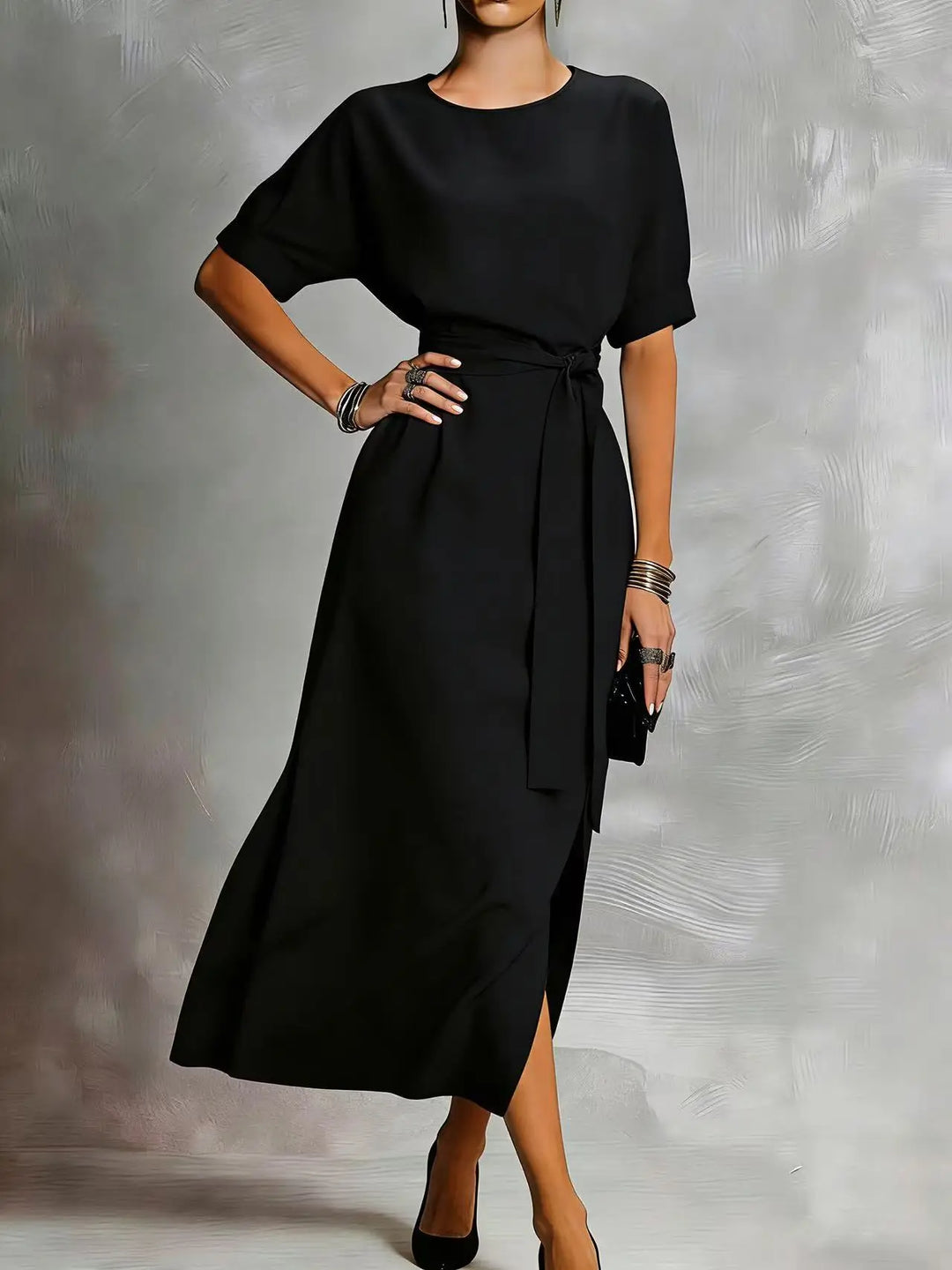 Delyra Casual Front Tie Everyday Midi Dress