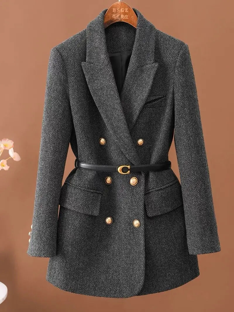 Isabette Herringbone Belted Waist Blazer