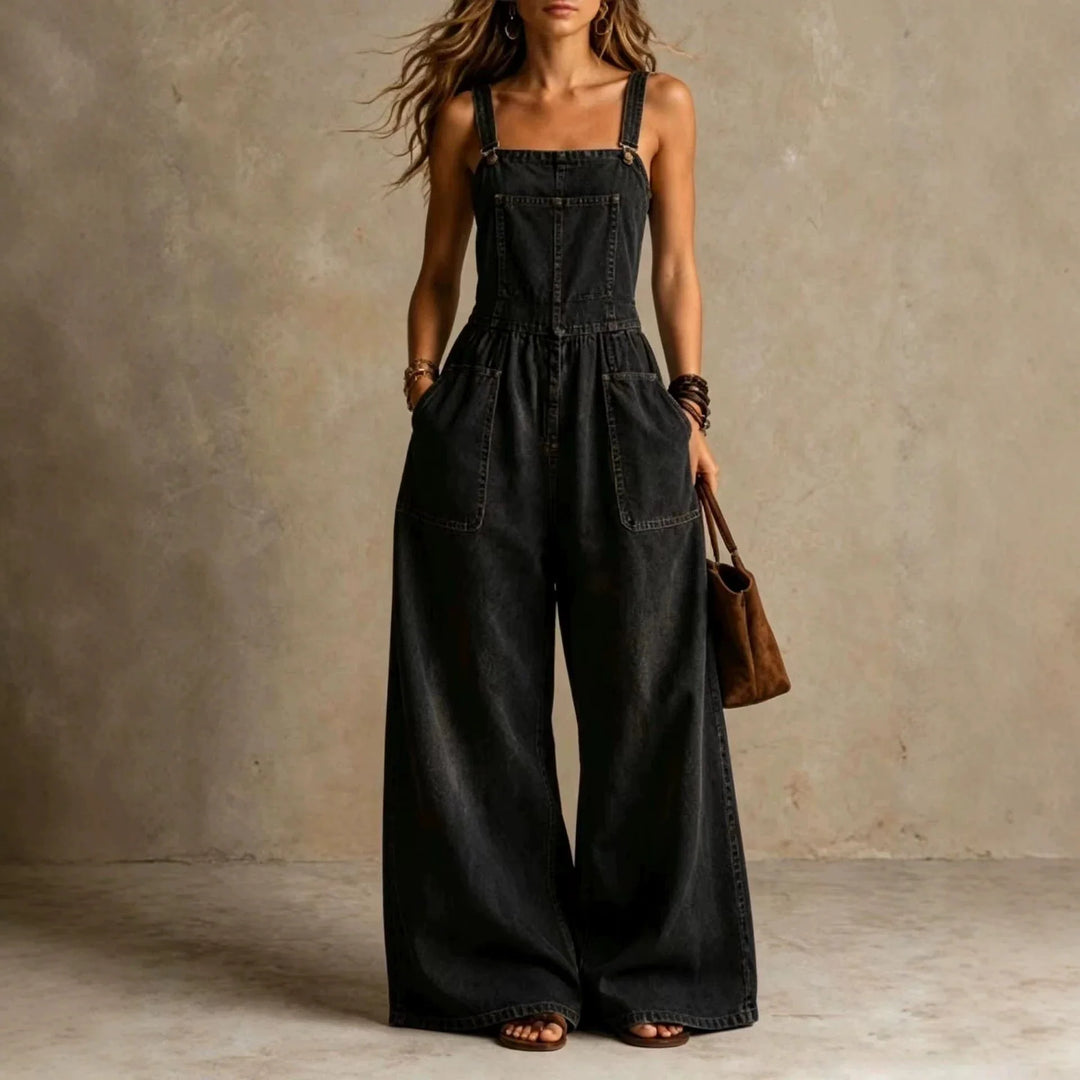 Stefania Wide Leg Denim Overall Jumpsuit
