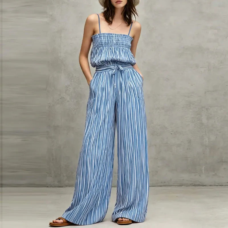 Briella Striped Smocked Wide Leg Pants Set