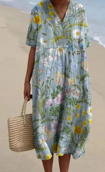 Ophira Printed V Neck Midi Dress