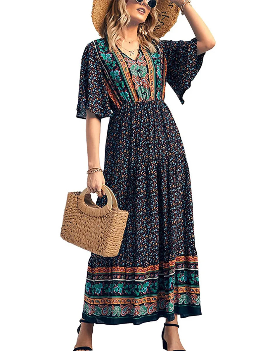 Ariadne Flowy Boho Print V Neck Maxi Dress