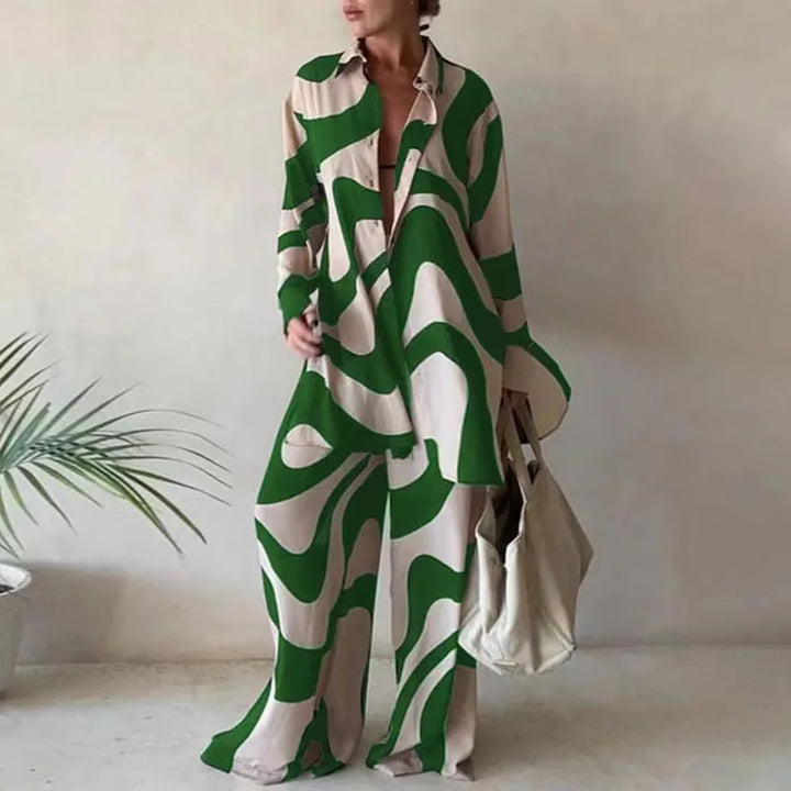 Floriane Geometric Print Long Sleeve Trouser Set