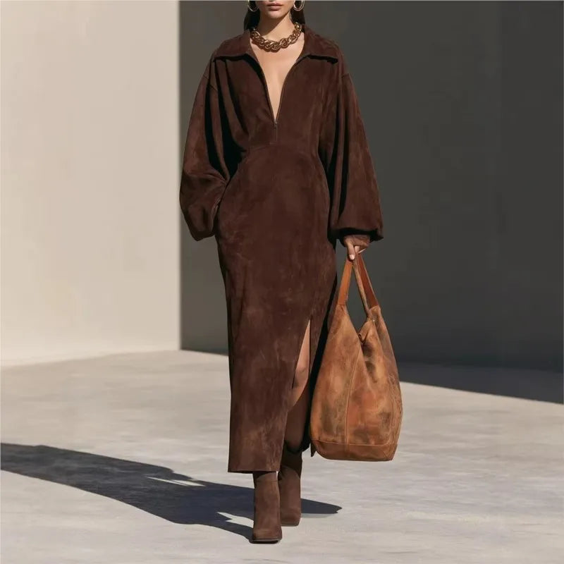 Thalia Half Zip Suede Dress