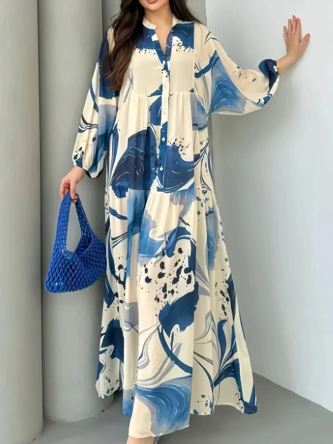 Vesperine Elegant Bohemian Floral V Neck Maxi Dress