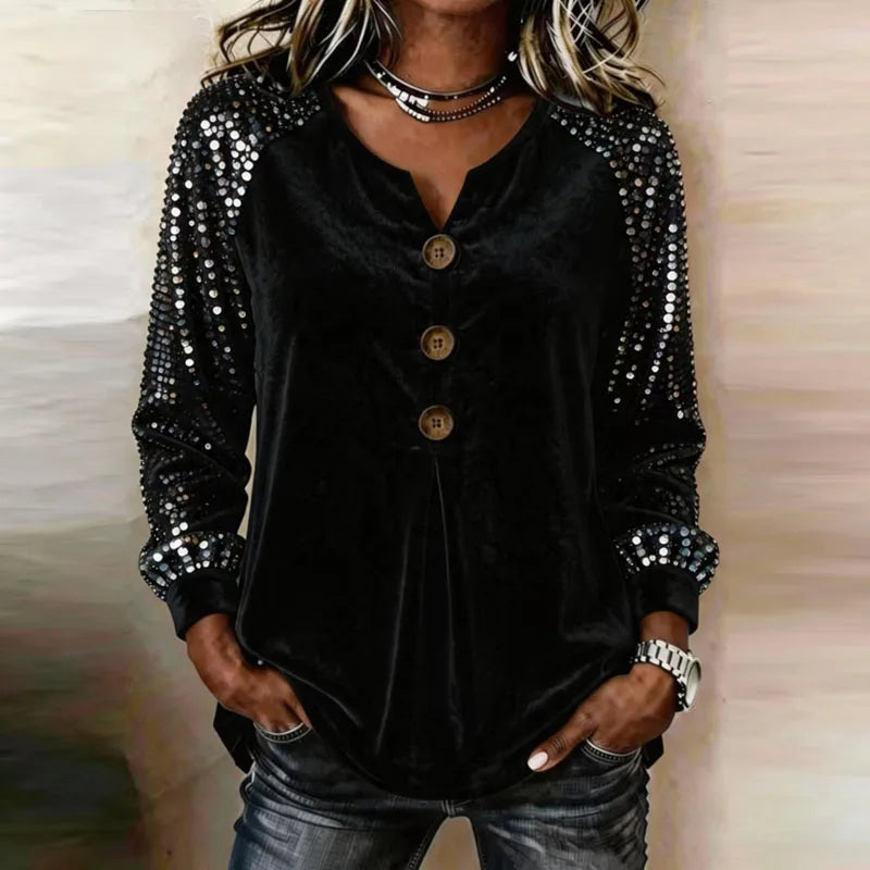 Karina Velvet Sequin Sleeve Blouse