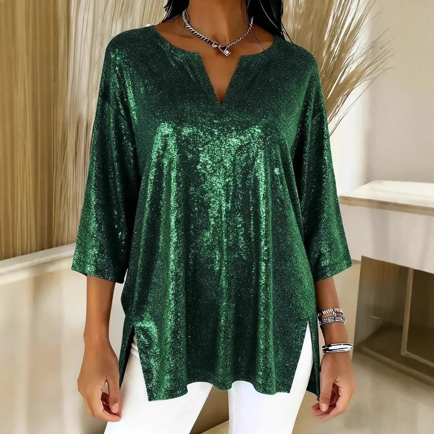 Corinne Shimmer Split Neck Blouse