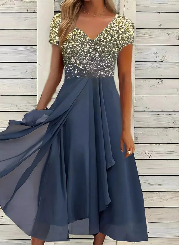 Evania Lace Patchwork Short Sleeve Chiffon Midi Dress