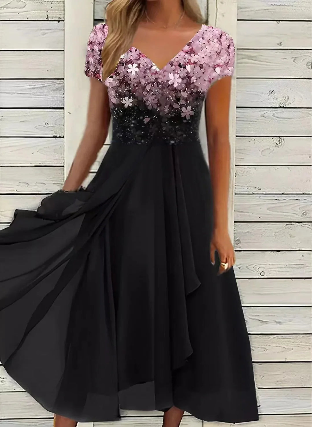 Evania Lace Patchwork Short Sleeve Chiffon Midi Dress