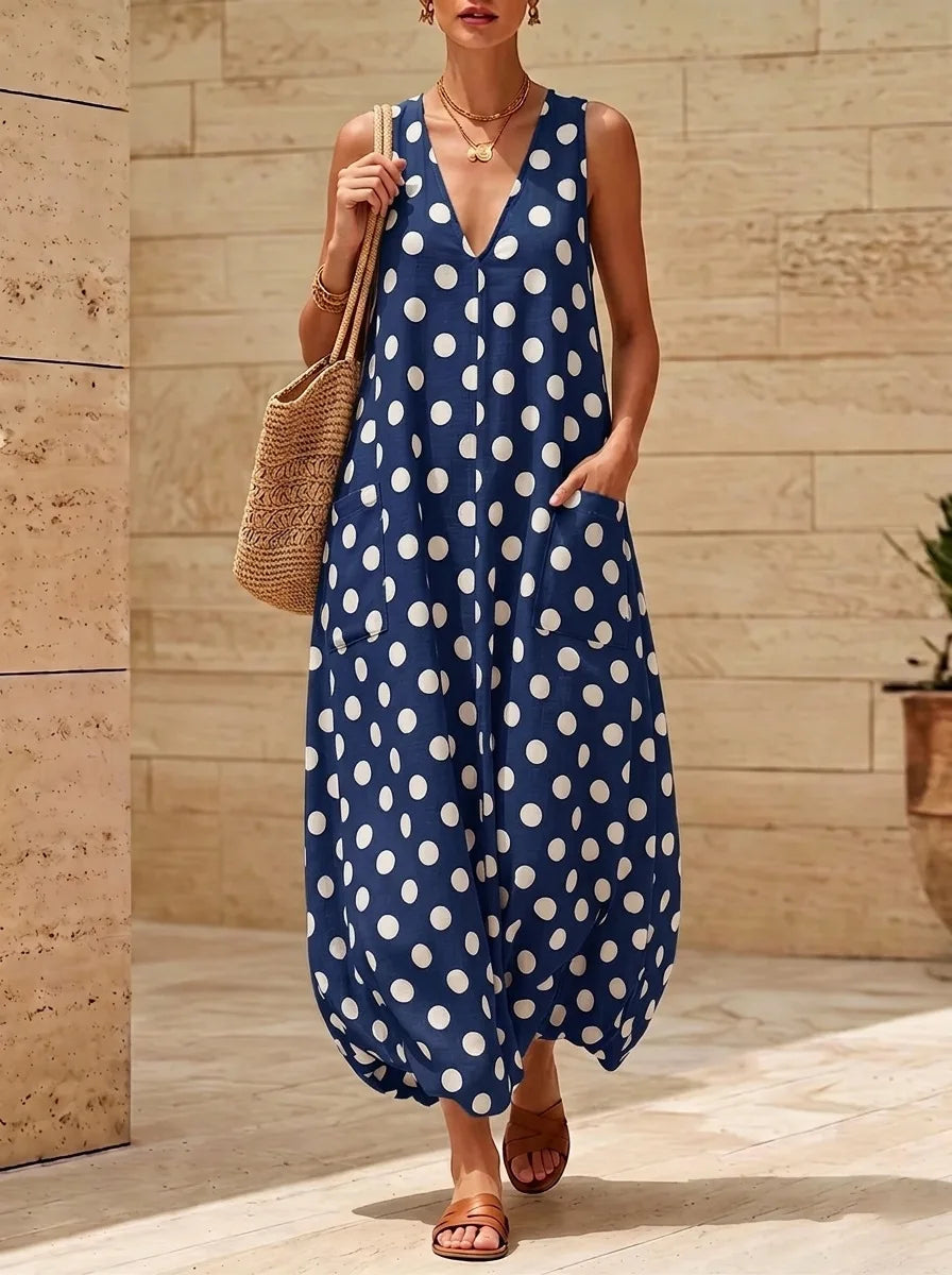 Alviana Deep V Neck Polka Dot Maxi Dress