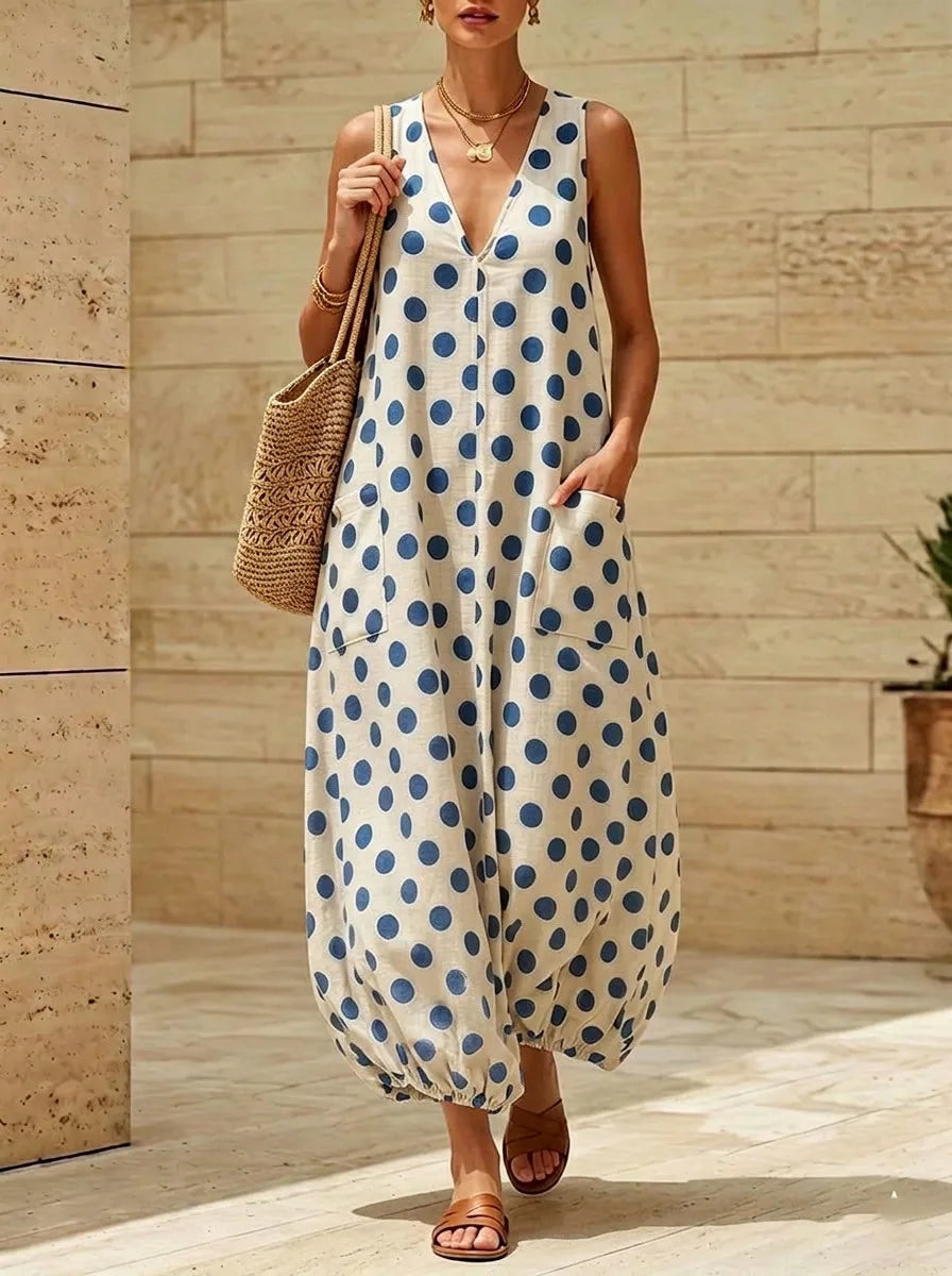 Alviana Deep V Neck Polka Dot Maxi Dress
