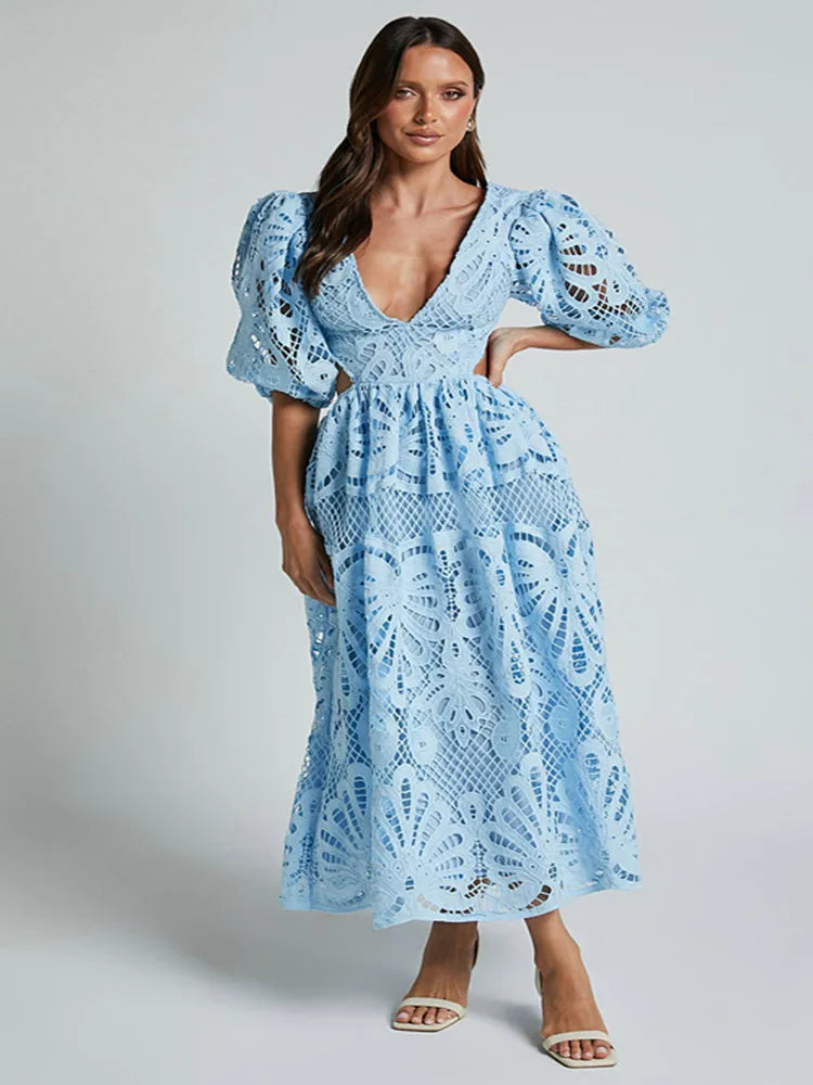 Oriana Puff Sleeve Embroidered Lace Midi Dress
