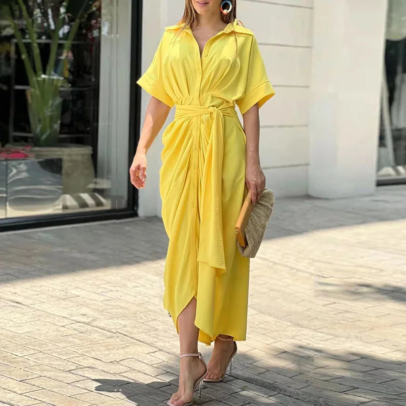 Dahlina Printed Tie Waist Shirt Midi Dress