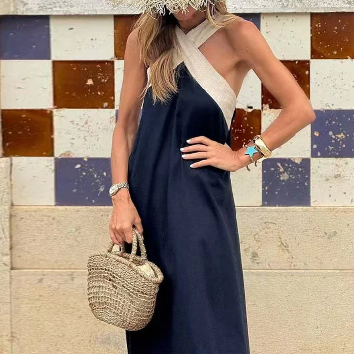 Adelina Contrast Halter Backless Maxi Dress