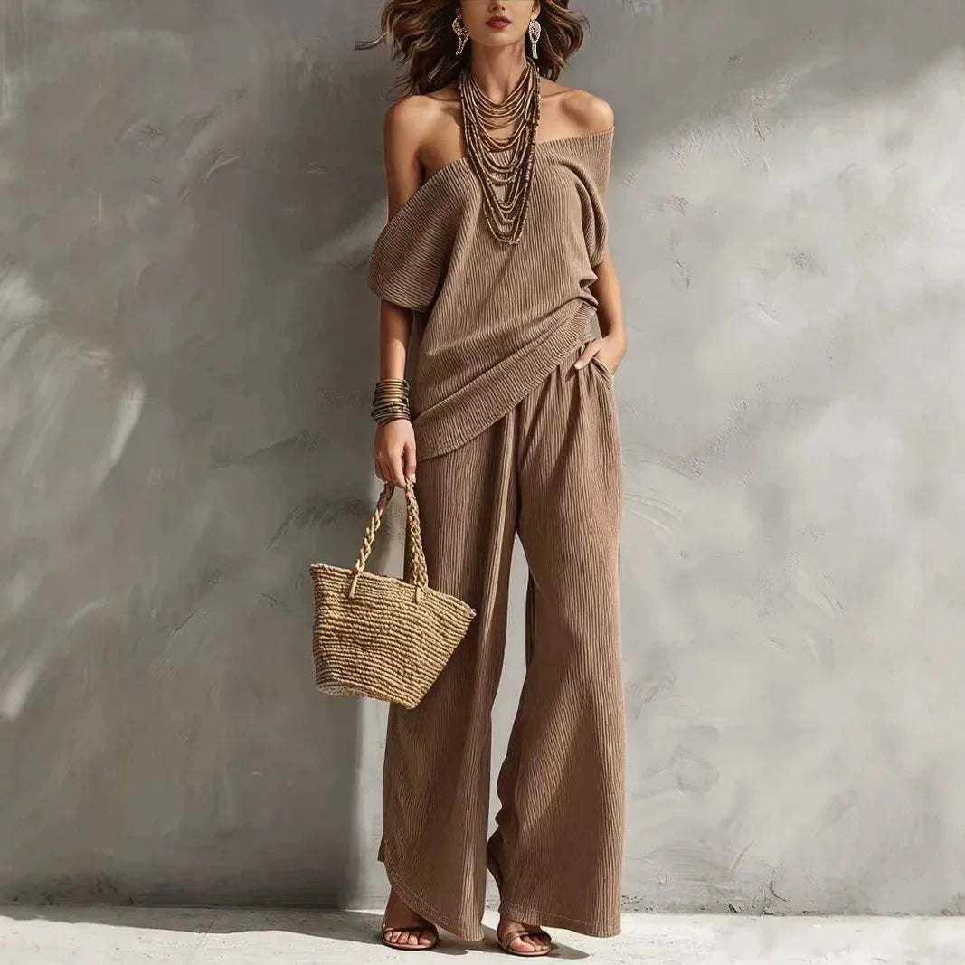 Meliora Off Shoulder Wide Leg Jumpsuit Set