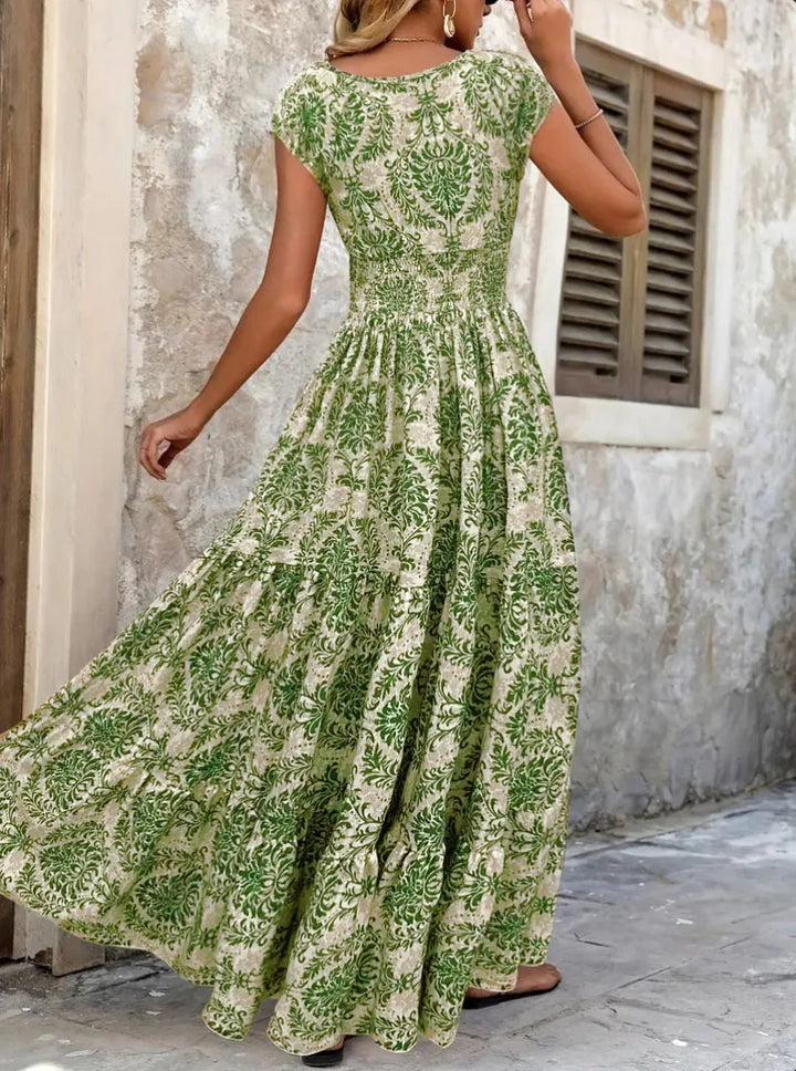 Valora Elegant V Neck Bohemian Maxi Dress