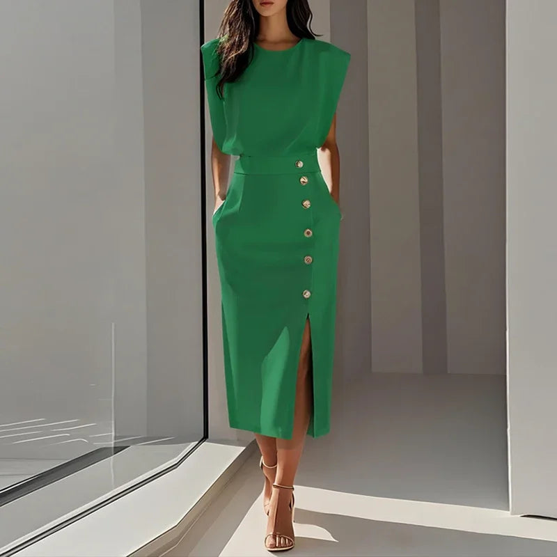 Arabella Elegant Button Split Midi Dress
