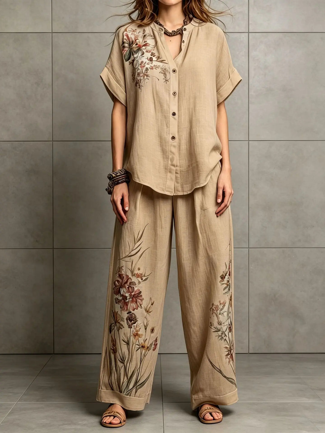 Amelina Bohemian Floral Printed Wide Leg Pants Set