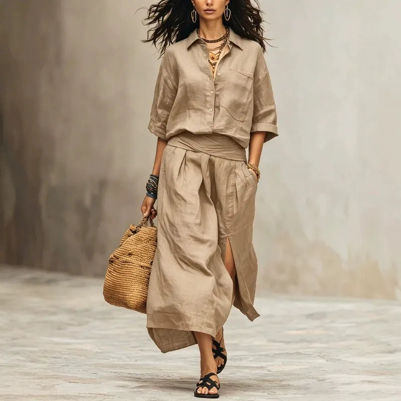 Kayla Linen Shirt and Midi Skirt Set