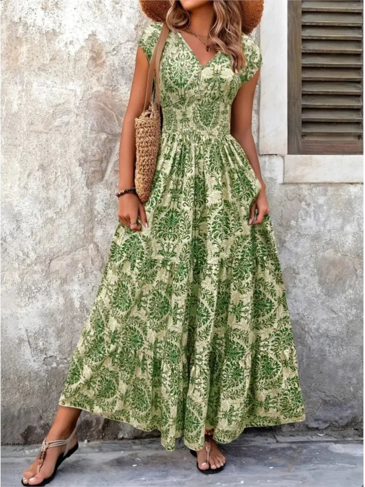 Valora Elegant V Neck Bohemian Maxi Dress